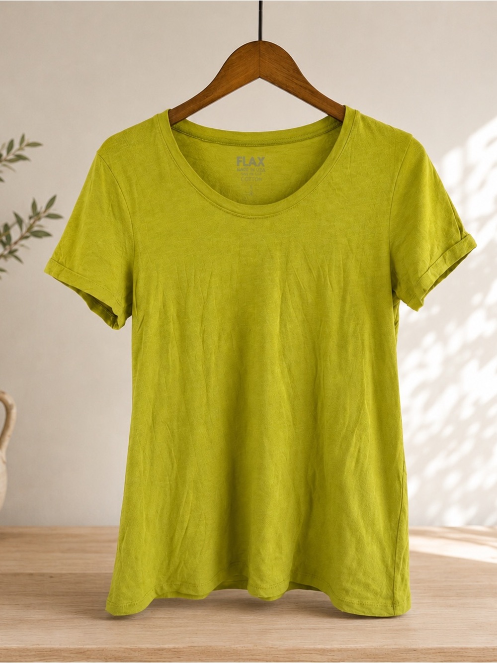 FLAX Made in USA Cotton Knit Tee | Lime Green | Size Small